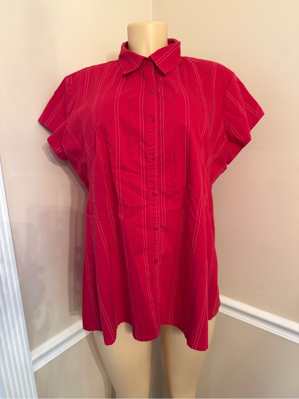 Women's Red Short-Sleeve Button-Down Shirt with Subtle Pinstripes
